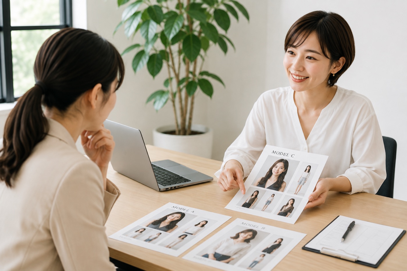 モデルのプロフィールシートを見比べてキャスティングするイメージ